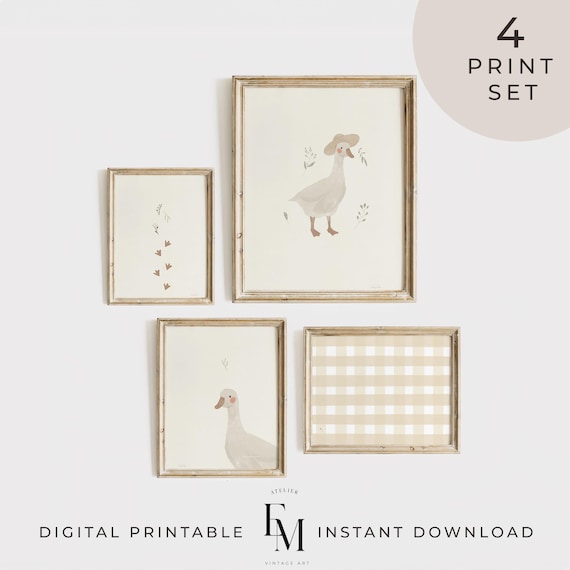 Goose Printable Vintage Gallery Wall Art Set of 4 Neutral Child Prints Earthy Tones Digital Print Silly Little Goose Duck Gender Neutral Art