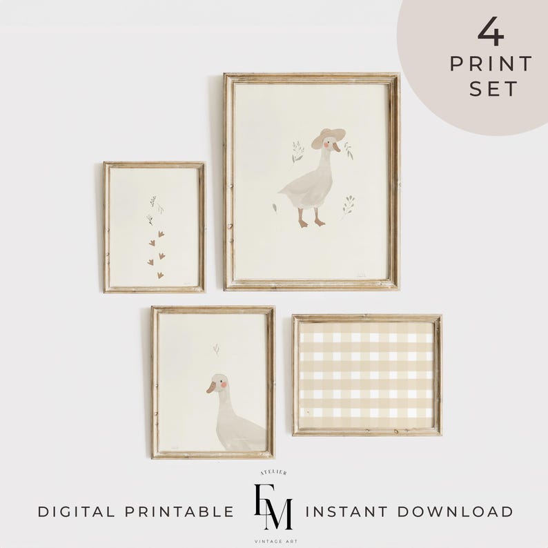 Neutral Goose and Duck Prints: Vintage Gallery Wall Art Set of 4.