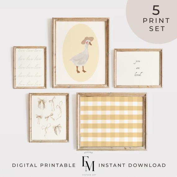 Duck Nursery Print Set Yellow Nursery Art Coquette Bow Nursery Decor Yellow Goose Poster Girls Room Goose Wall Art Cottagecore Nursery Print