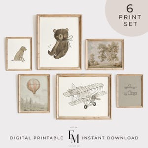 Transport gallery wall prints set featuring charming Labrador and bear illustrations