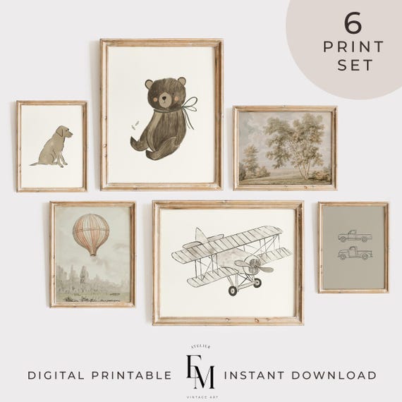 Transport Gallery Wall Prints Labrador Wall Art Set Bear Vintage Boys Room Decor Hot Balloon Print Baby Boy Nursery Decor Playroom Art Set