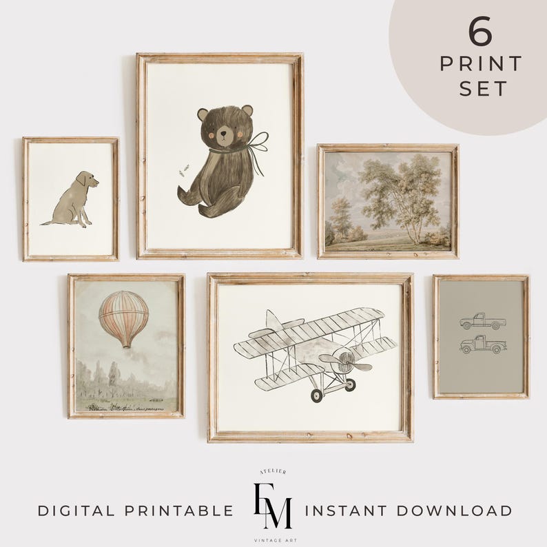 Transport gallery wall prints set featuring charming Labrador and bear illustrations