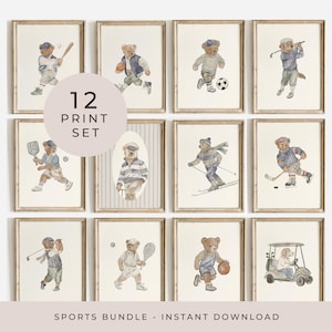 May include: A collection of twelve framed prints showcasing watercolour illustrations of teddy bears participating in different sports. The bears are shown playing baseball, football, soccer, golf, tennis, basketball, hockey, and skiing. The prints are labelled "12 PRINT SET" and "SPORTS BUNDLE - INSTANT DOWNLOAD."