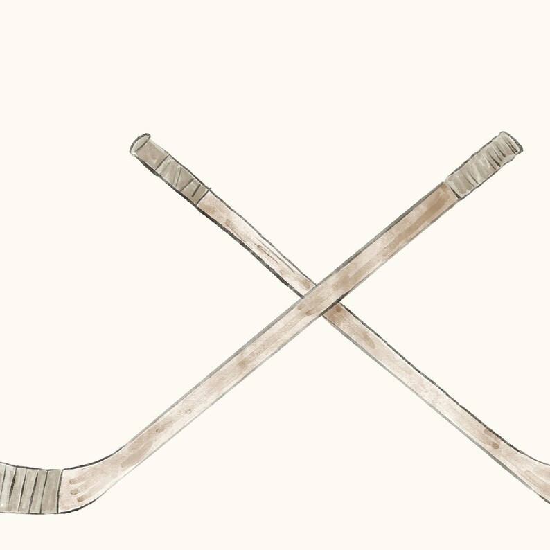 May include: Two wooden hockey sticks crossed over each other. The sticks are brown with a light brown wrap at the top.