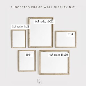 May include: A wall display of five framed prints with white interiors and light brown frames. The frames are arranged in a cluster, with text indicating the dimensions of each frame: 3x4 ratio, 23x30cm, 4x5 ratio, 41x51cm, and 11x14.