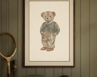 Vintage Bear Wall Art Americana Preppy Nursery Decor Green Teddy Bear Print Old School Boys Room Digital Download