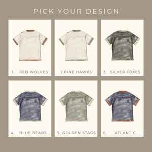May include: Watercolor illustrations of six t-shirt designs. Each shirt has a different color scheme and text label. The text at the top says "PICK YOUR DESIGN". The designs are labeled: Red Wolves, Pine Hawks, Silver Foxes, Blue Bears, Golden Stags, and Atlantic.