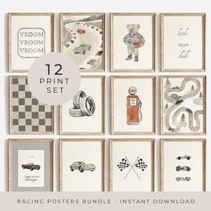 Neutral Racing Nursery Wall Art Set Vintage Watercolor Car Prints for Boys Room 12-Piece Racing Gallery Wall Printable Decor