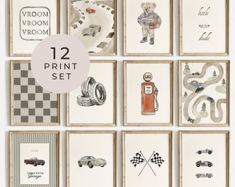 Neutral Racing Nursery Wall Art Set Vintage Watercolor Car Prints for Boys Room 12-Piece Racing Gallery Wall Printable Decor