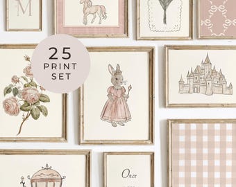 Girls Gallery Wall, 25-Print Princess Set for Pink Nursery Decor
