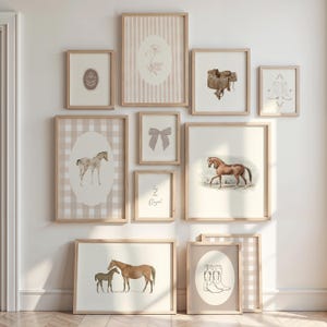 May include: A collection of framed art prints featuring equestrian and floral themes. The prints include images of horses, saddles, boots, and botanical illustrations in neutral tones. The frames are light wood, creating a cohesive gallery wall.