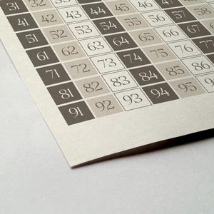 May include: A close-up of a white sheet of paper with a grid of numbers from 31 to 97. The numbers are in black and white, with the odd numbers in black and the even numbers in white.