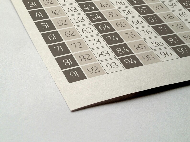 May include: A close-up of a white sheet of paper with a grid of numbers from 31 to 97. The numbers are in black and white, with the odd numbers in black and the even numbers in white.
