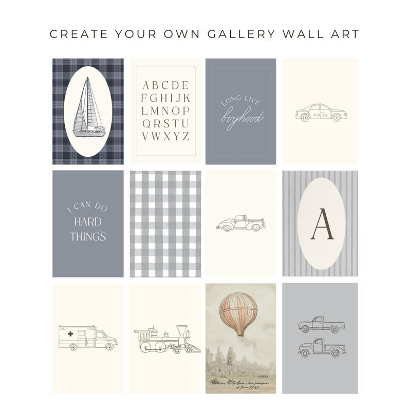 Scenic and vintage transport prints in calming blue tones