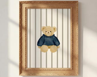 Teddy Bear Nursery Print, Navy Stripe Watercolor Art Digital Download