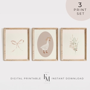 Lot de 3 décorations de petite fille oie idiote, galerie d'art mural, impression de fille de fille, coquette nœud papillon, affiche florale rose canard, décoration de chambre de fille