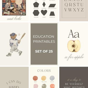 May include: A collection of educational printables featuring illustrations of shapes, colors, the alphabet, and a bear playing baseball. Includes the text "Cool Kids read books", "Education Printables Set of 25", and inspirational quotes.