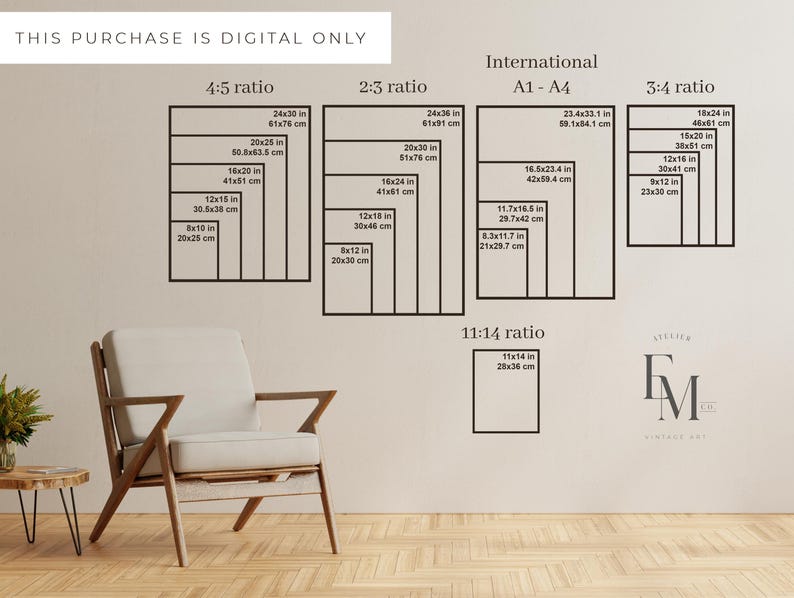 May include: A white wall with a chart showing different aspect ratios for digital prints. The chart includes measurements in inches and centimeters. The chart is labeled with the following aspect ratios: 4:5, 2:3, International A1-A4, 3:4, and 11:14. There is a wooden chair in the foreground.