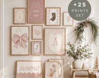 Coquette Christmas Gift for Girls Pink Nursery Wall Art Set of 25 Vintage Bow Goose Mouse Printable Decor