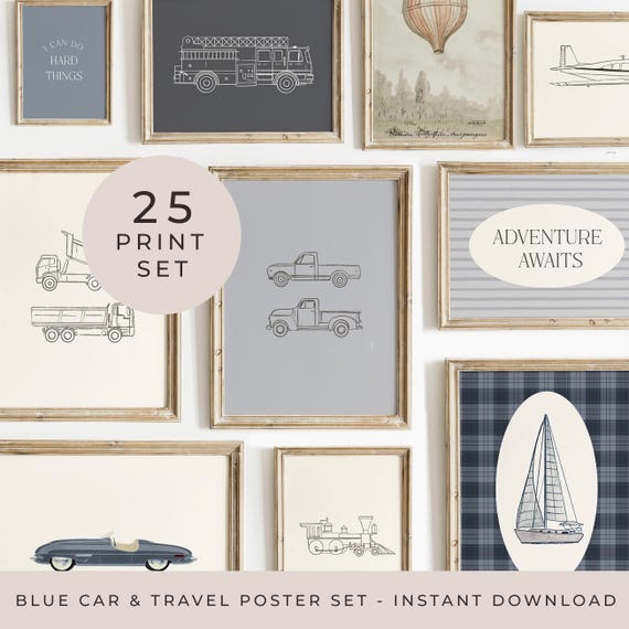 Blue Vehicle Art Print Car Vintage Transport Printable Set Car Poster Blue Baby Boy Nursery Transportation Gallery Wall Art Travel Boy Art