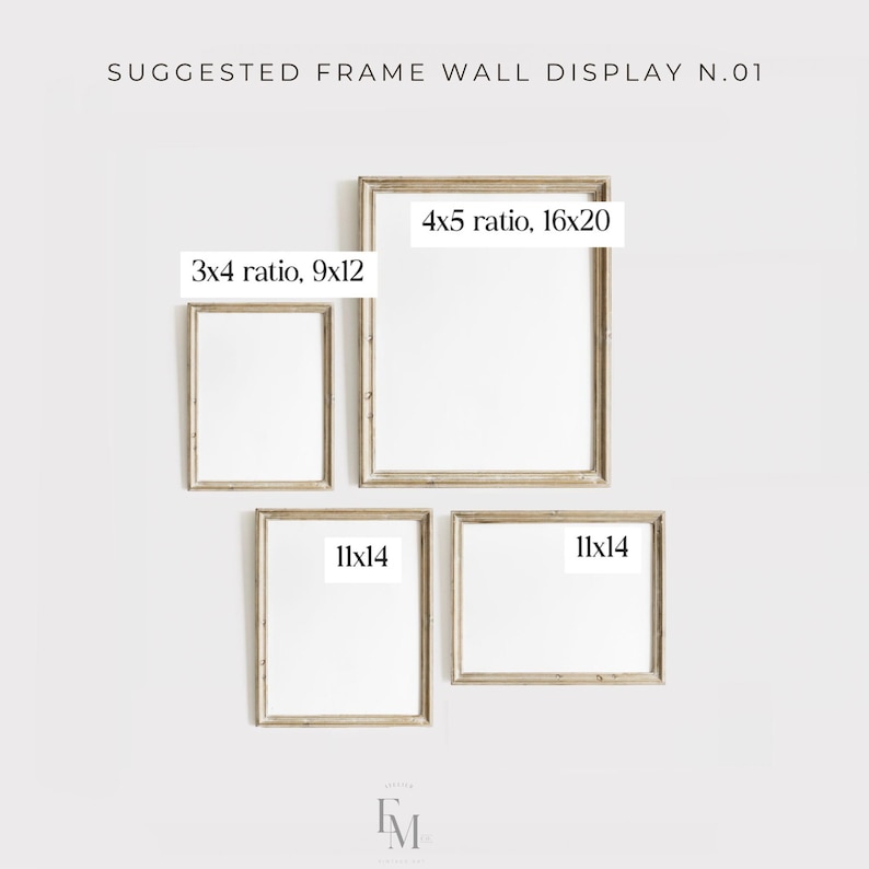 May include: A suggested frame wall display with four frames in various sizes. The frames are all in a light wood color and have a simple design. The frames are arranged in a staggered pattern on a white wall. The text "SUGGESTED FRAME WALL DISPLAY N.01" is at the top of the image. The text "4x5 ratio, 16x20" is above the largest frame. The text "3x4 ratio, 9x12" is above the second largest frame. The text "11x14" is above the two smaller frames.