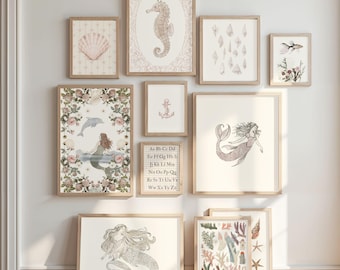 Girls Coastal Nursery Mermaid Wall Art Set of 30 Seahorse Print Whimsical Nautical Playroom Decor Pink Ocean Girl Room Art