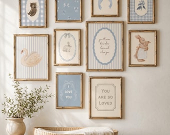 Powder Blue Coquette Girl Nursery Gallery Wall Set of 25 Prints Vintage Bow Storybook Girl Room Decor Aesthetic Printable Digital Download