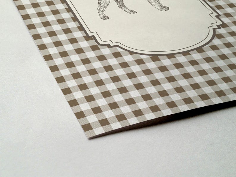 Pu&ograve; includere: Vista angolare di un prodotto di carta con un motivo a quadri marrone e bianco. Una sezione color crema presenta un'illustrazione dettagliata delle zampe di un animale. La carta &egrave; angolata, rivelando una superficie bianca sottostante.