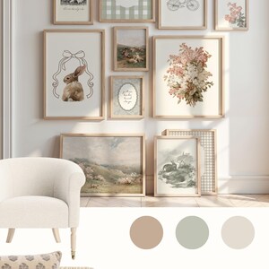 May include: A display of framed art prints with a spring theme, featuring bunny illustrations, floral arrangements, and landscape paintings. The prints are in wooden frames and arranged on a white wall. The text "Timeless spring decor" is at the bottom.