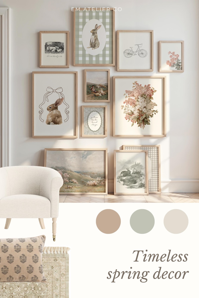 May include: A display of framed art prints with a spring theme, featuring bunny illustrations, floral arrangements, and landscape paintings. The prints are in wooden frames and arranged on a white wall. The text "Timeless spring decor" is at the bottom.