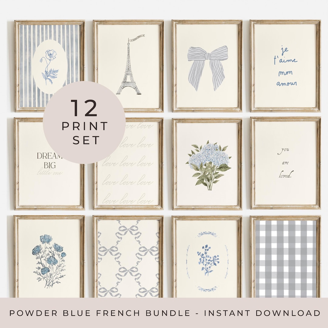 For Print Blue Blue Flowers Poster Set Powder Blue French Inspired Print Floral Girls ...
