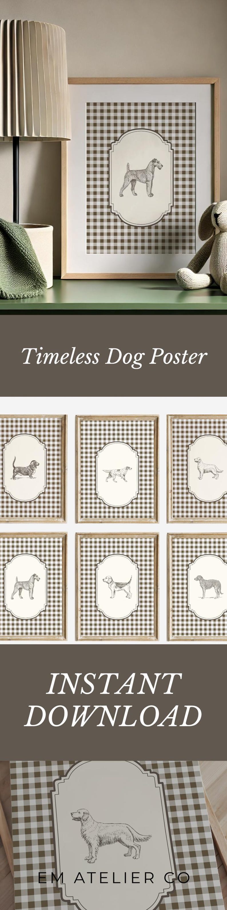Pu&ograve; includere: Una collezione di stampe artistiche incorniciate di razze canine. Ogni stampa presenta un disegno a tratteggio dettagliato di una razza canina su uno sfondo color crema con un motivo a scacchi marrone e bianco. Le parole "Timeless Dog Poster" e "Instant Download" sono visibili.