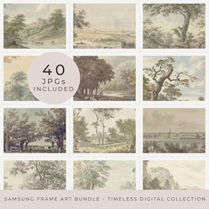 Puede incluir: Una colección de grabados de arte paisajístico con árboles, agua y edificios. La imagen incluye un gráfico circular con el texto "40 JPGs INCLUDED". También está presente el texto "SAMSUNG FRAME ART BUNDLE - TIMELESS DIGITAL COLLECTION".