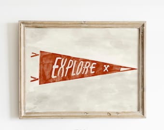 Explore Pennant Print Vintage Adventure Pennant Flag Red Poster Kids Room Decor Retro Adventure Wall Art Big Boy Room Art Red Playroom Print