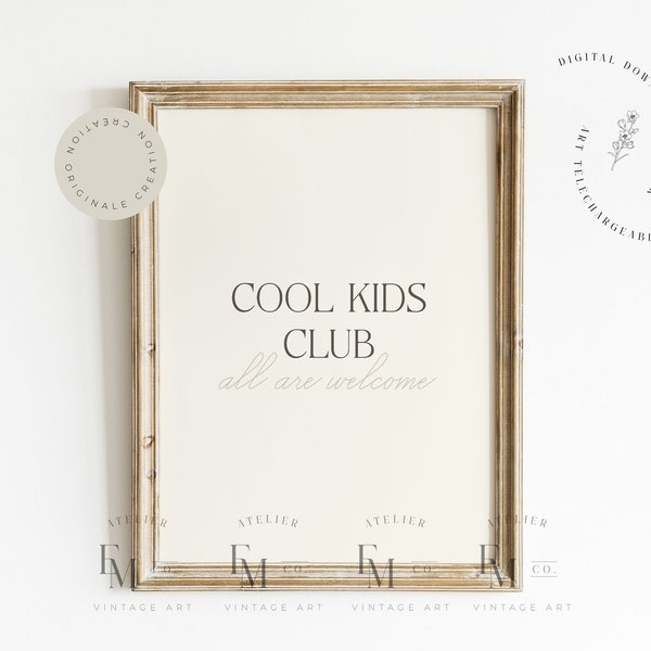 Vintage Cool Kids Club Print, Kids Wall Art Bedroom, Playroom Decor, Childhood, Neutral Gender Print, Cool Kid Wall Art, Digital Download