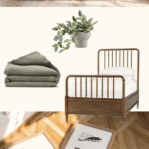 May include: A collection of framed dinosaur-themed art prints, a wooden bed, a folded green blanket, and a potted plant. The art includes dinosaur illustrations and botanical prints. The color palette is neutral with green and brown accents.