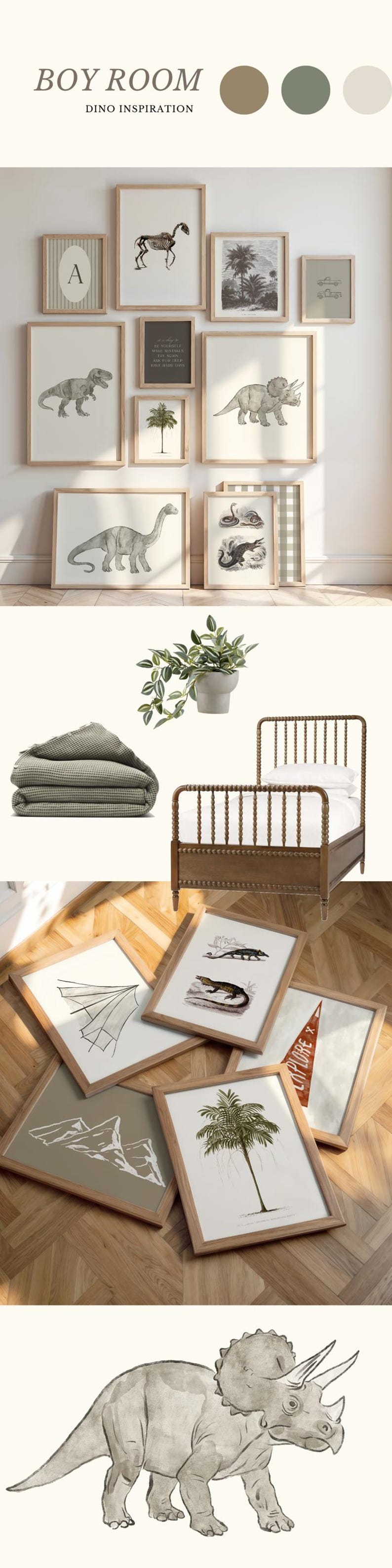 May include: A collection of framed dinosaur-themed art prints, a wooden bed, a folded green blanket, and a potted plant. The art includes dinosaur illustrations and botanical prints. The color palette is neutral with green and brown accents.