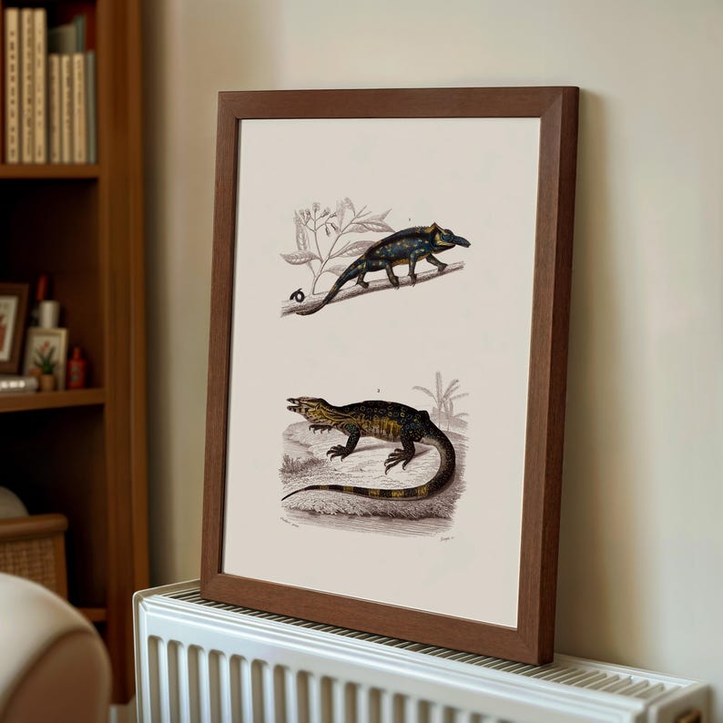 May include: A framed print featuring two detailed illustrations of lizards. The top lizard is dark with blue and yellow spots, perched on a branch. The bottom lizard is yellow and black, with a long tail. The frame is a dark brown color.
