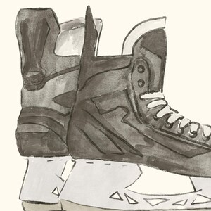 May include: Watercolor illustration of two ice hockey skates. The skates are primarily shades of gray and black, with white laces and blades. The image has a vintage, hand-painted aesthetic, suggesting a focus on sports and winter activities.
