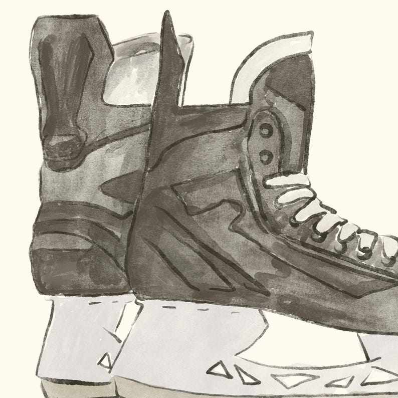 May include: Watercolor illustration of two ice hockey skates. The skates are primarily shades of gray and black, with white laces and blades. The image has a vintage, hand-painted aesthetic, suggesting a focus on sports and winter activities.
