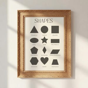 May include: A framed print featuring various black geometric shapes with their names underneath. The word "SHAPES" is at the top. The shapes include a triangle, circle, square, oval, star, rectangle, pentagon, diamond, parallelogram, hexagon, heart, and trapezoid.