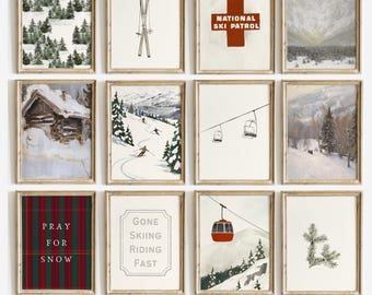 Ski Lodge Wall Art Set 12 Vintage Winter Mountain Chairlift Gondola Cabin Plaid Digital Download