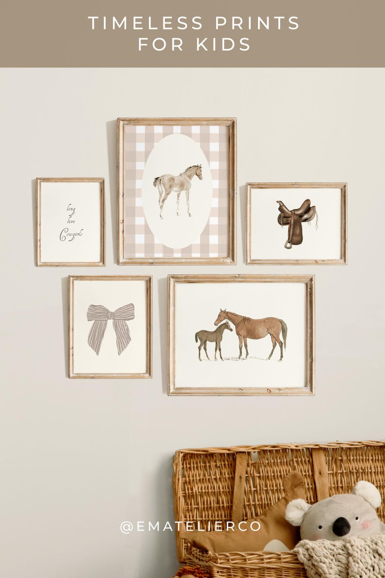 Horseback riding girly room art set, ideal for nursery or kids room with a classic cowgirl theme.