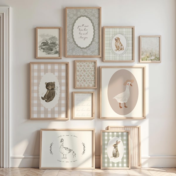 Cottagecore Nursery Gallery Wall Art Set Woodland Vintage Botanicals Pink Spring Girl Room Decor Sage Green Printable Digital Download