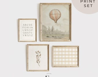 Ensemble de 4 oeuvres d'art anciennes pour chambre de bébé fille, impression ballons chauds, chambre de petite fille, affiche florale rose, tons roses, art de la ferme, décoration vintage pour chambre de bébé