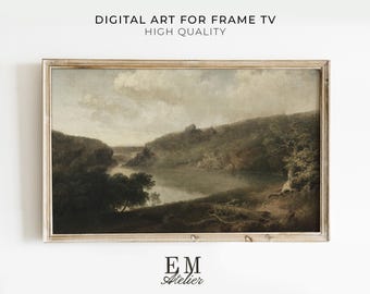 May include: A framed landscape painting featuring a serene lake scene with rolling hills and lush trees. The artwork has a vintage aesthetic with muted tones and a classic wooden frame. Text on the image reads "DIGITAL ART FOR FRAME TV HIGH QUALITY" and "EM Atelier".
