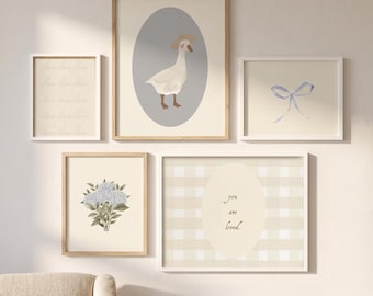 Silly Goose Nursery Print Set 5 Sky Blue Bow Floral Vintage Watercolor Girl Room Decor Digital Download