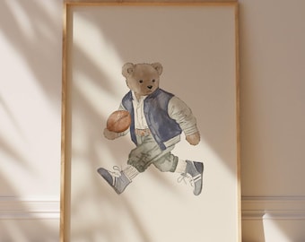 Football Art Nursery Teddy Bear Decor Kids Room Sports Print Football Print Vintage Boys Room Football Painting Boy Nursery Wall Art Sports