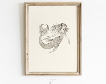 May include: A black and white line drawing of a mermaid with long flowing hair and a tail with scales. The mermaid is swimming in the water.