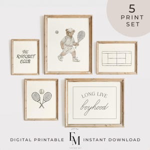 Tennis Prints Set of 5 Tennis Ralph Lauren Inspired Vintage Boy Room Bear Tennis Poster Neutral Boy Nursery Wall Art Sports Print Tennis Art
